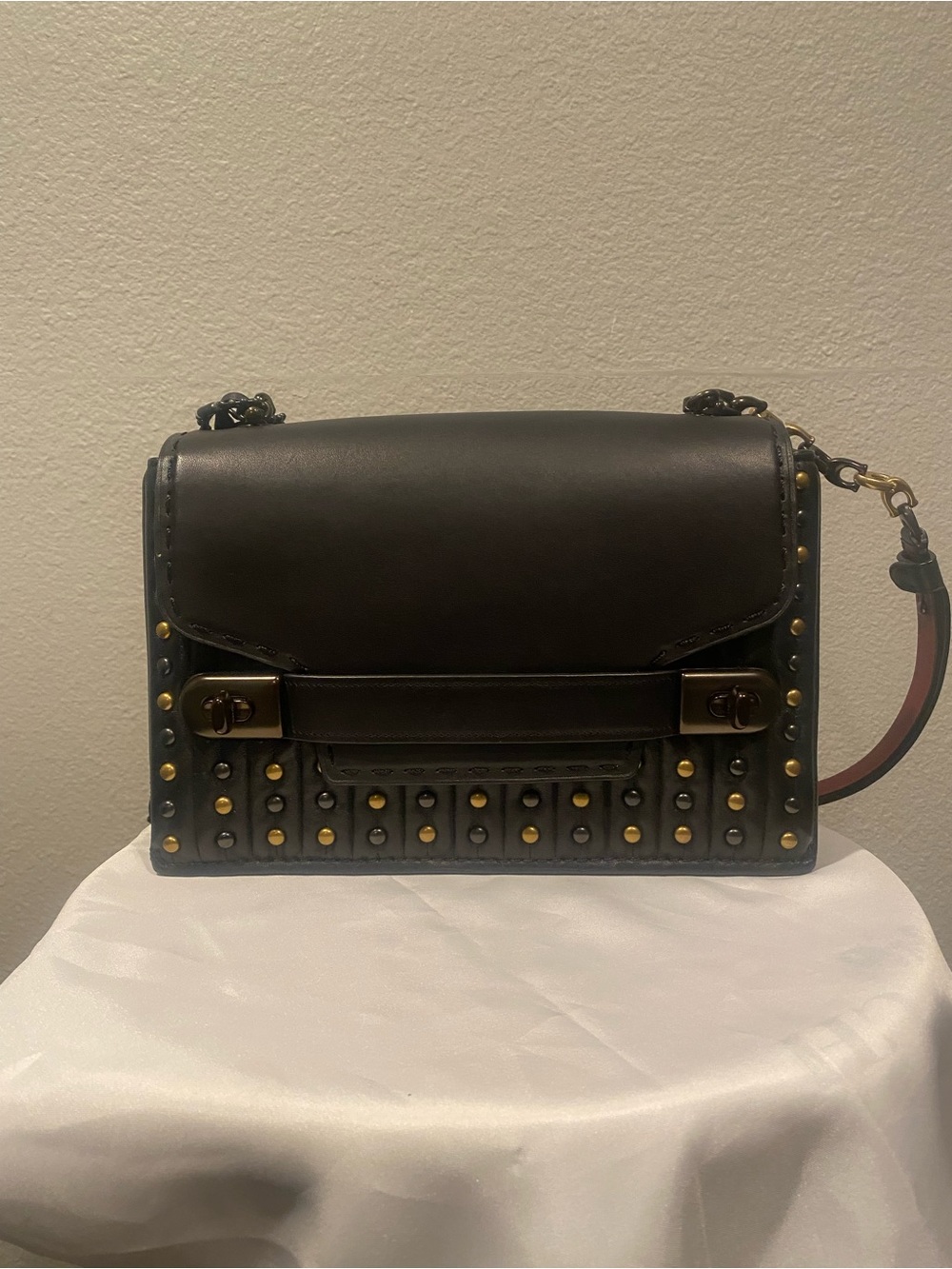 Coach Black Leather Studded Shoulder Bag with Gold Accents - Picture 3 of 11